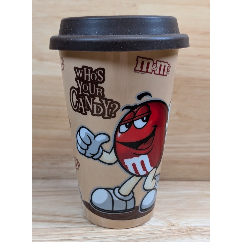 M&M's Red Character Who's Your Candy Ceramic Travel Mug Tumbler Tan 2010 6in